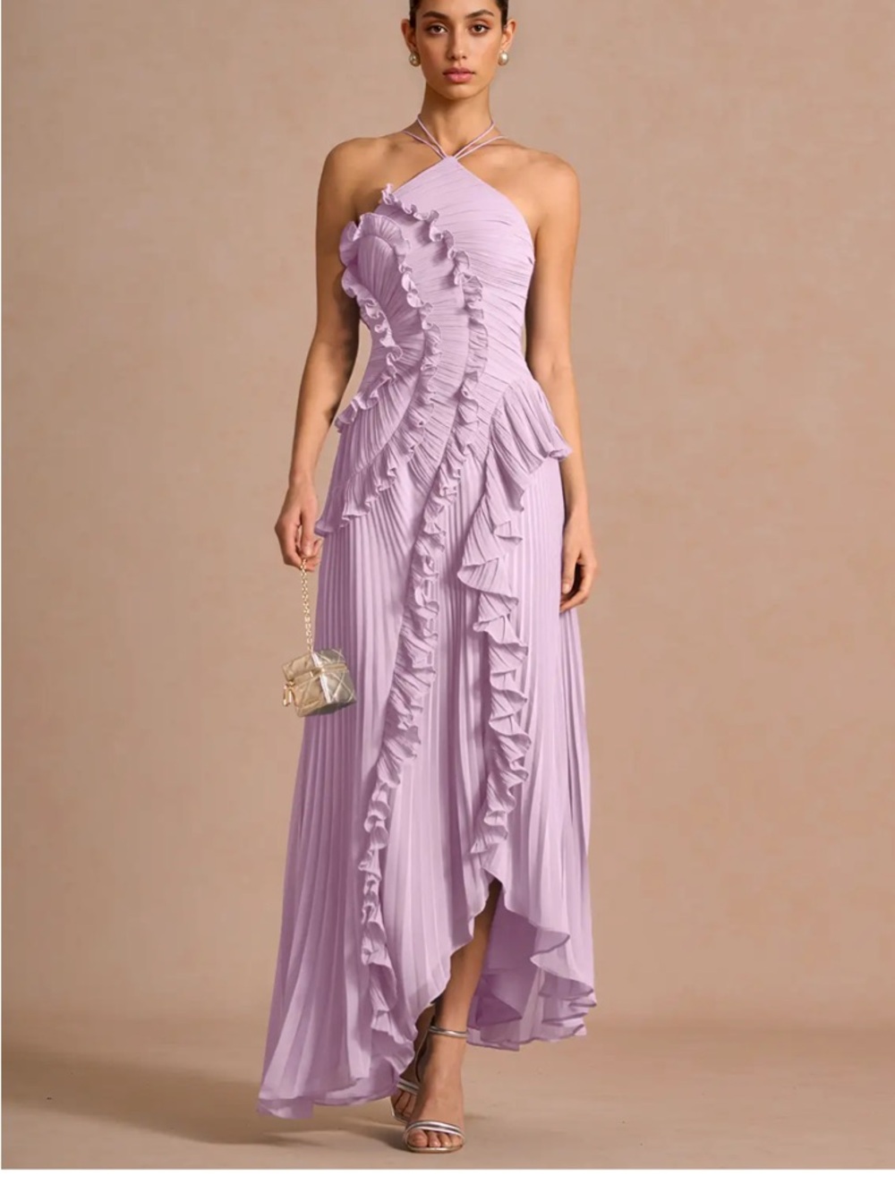 Azazie Lilac Ruffle Halter High-Low Gown